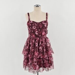 Altar'd State Tiered Corset Dress Womens Size S Burgundy Embroidered Floral Mesh